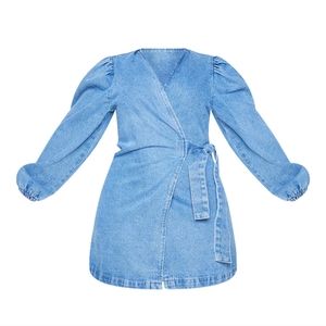 PrettyLittleThing Plus Light Wash Denim Puff Sleeve Wrap Dress US 16